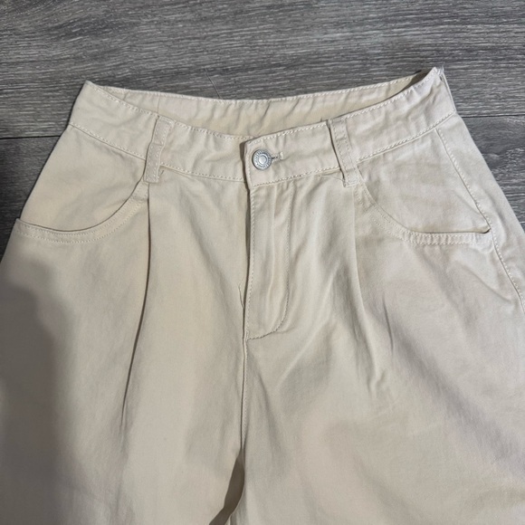 Wide-Leg Boho Women Cream Casual Pleated High Rise Pants Size M Front Pockets - Picture 3 of 11